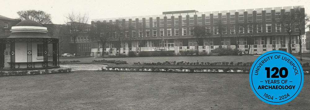 Black and white Abercromby Square with Blue badge stating:120 Years of Archaeology 1904-2024, University of Liverpool