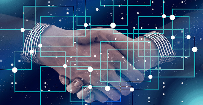 Handshake with blockchain abstract background