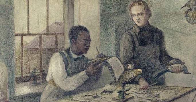 An illustration believed to be John Edmonstone and Charles Darwin at the University of Edinburgh