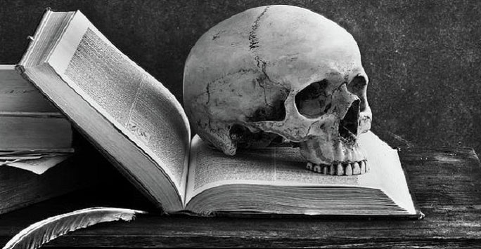 Illustration of a human skull on a book