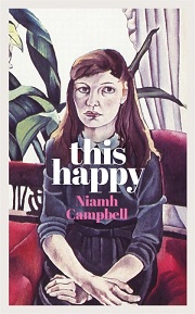 This Happy book cover (painting of a woman face on with brown hair in a blue top)