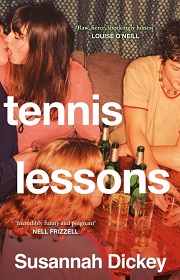 tennis lessons book cover image from a party, including a couple kissing and young people drinking