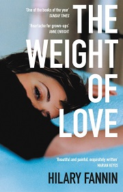 the weight of love book cover - dark haired woman lying front down on a bed looking sideways so her face is front on