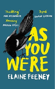 as you were book cover teal background with the book title in yellow writing with a magpie to the left of the title