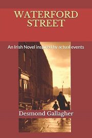 Waterford street 'a novel inspired by Irish events' dark red cover with a street scene 