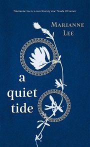 a quiet tide by Marianne Lee book cover - dark blue with white abstract floral design, book title is centred to the left authors name is top right 