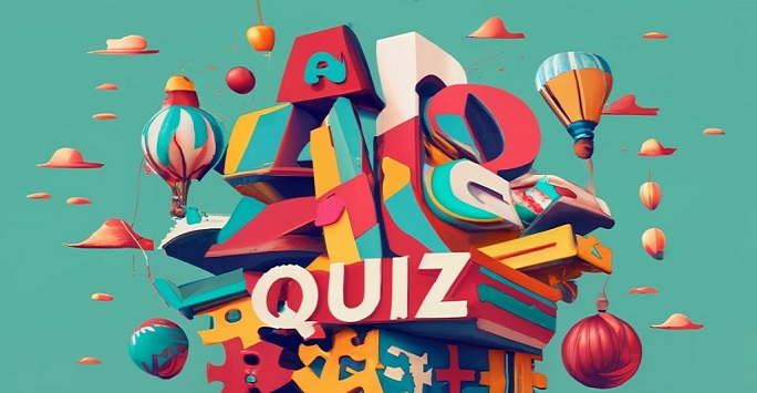 cartoon style image of the word quiz, layered with letters, numbers and question marks