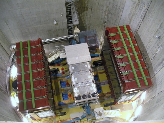 The ND280 near detector, photographed with the magnet open. This detector is used to measure the neutrino beam before oscillations can occur and to measure neutrino interactions. 