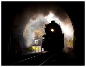 A steam train entering a tunnel