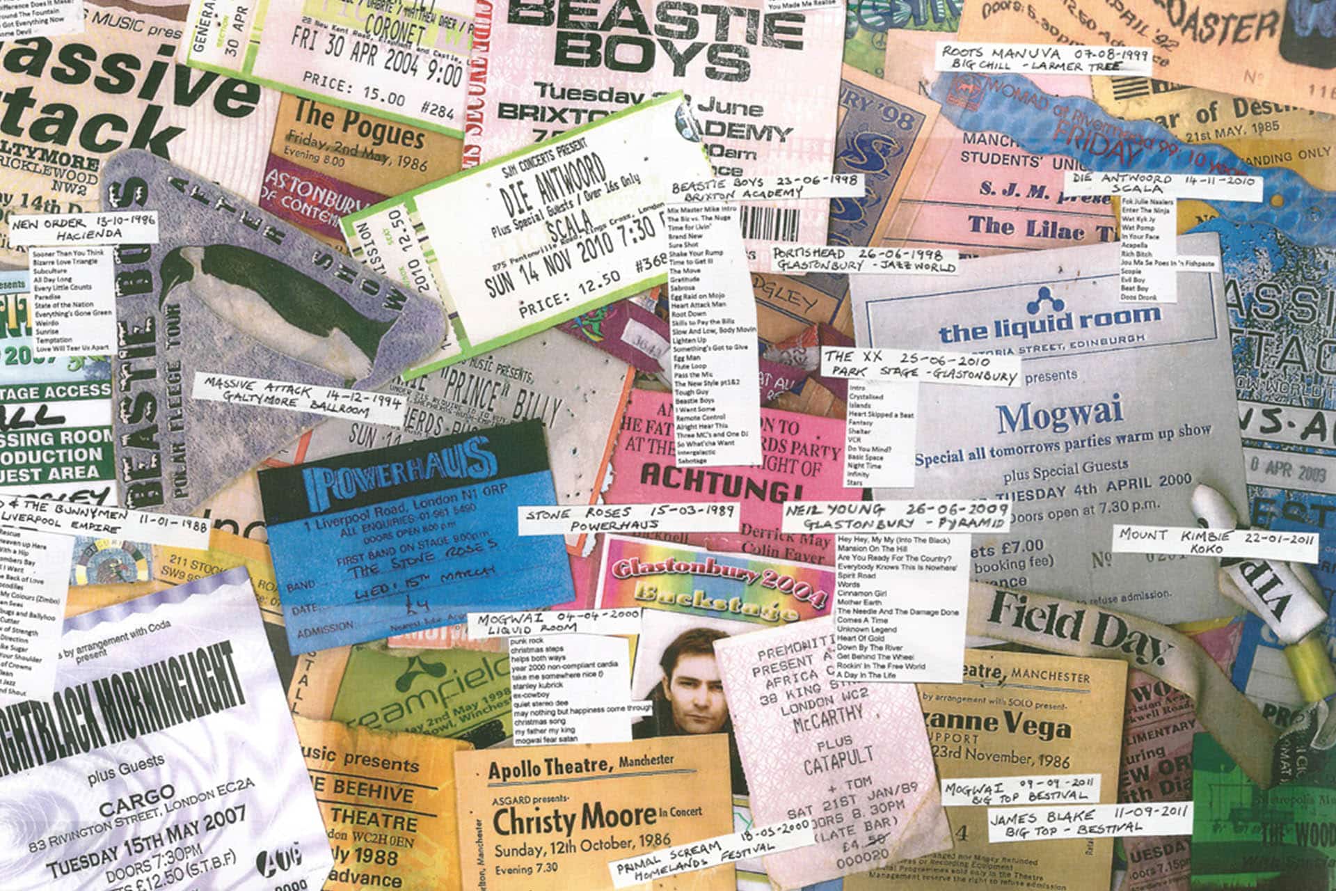 Collage of old gig and concert tickets