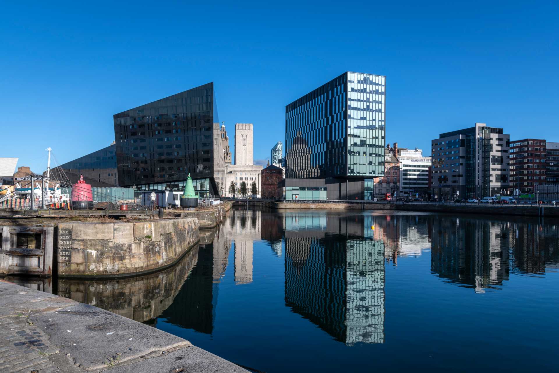 A view of the the Liverpool waterfront on a sunny day from the Albert Dock.
