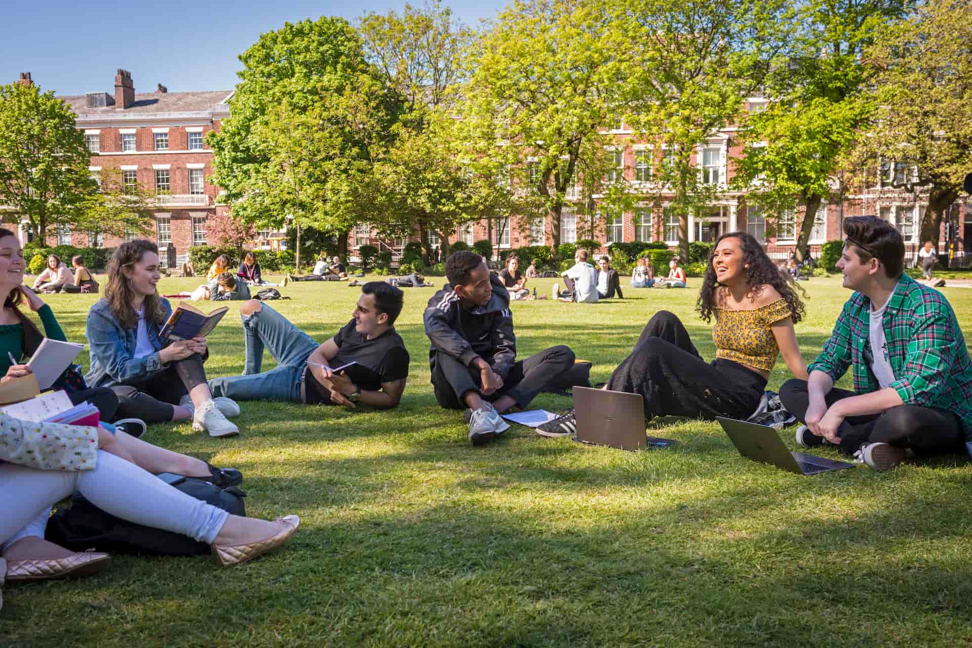 Abercromby Square with students sitting on grass