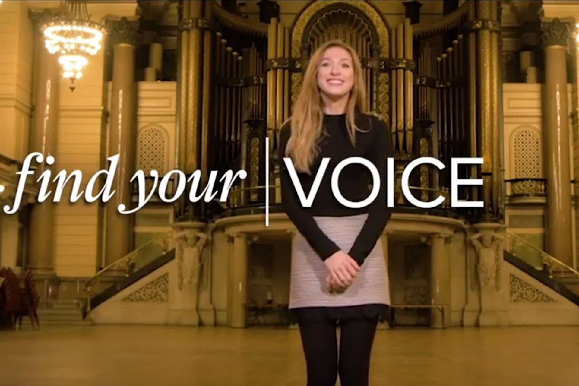 Student stood inside Cathedral building with words Find your VOICE overlaid