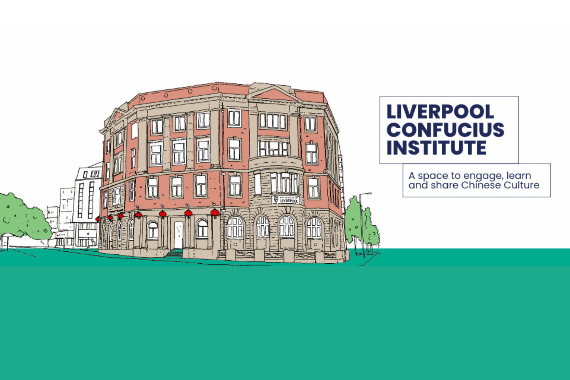 A drawing of the Liverpool Confucius Institute with a box reading 