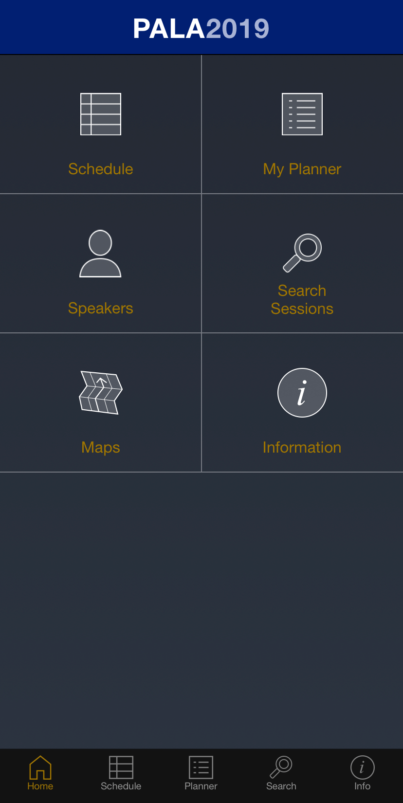 PALA Conference App Home Screen