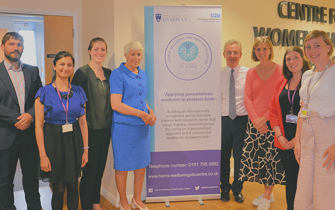 L-R Jeremy Barratt (Wellbeing of Women), Juhi Gupta (Harris-Wellbeing), Dr Angharad Care (Harris-Wellbeing), Lady Harris, Professor Zarko Alfirevic (Harris-Wellbeing), Janet Lindsay (Wellbeing of Women), Dr Sarah Arrowsmith (Harris-Wellbeing), Dr Laura Goodfellow (Harris-Wellbeing)