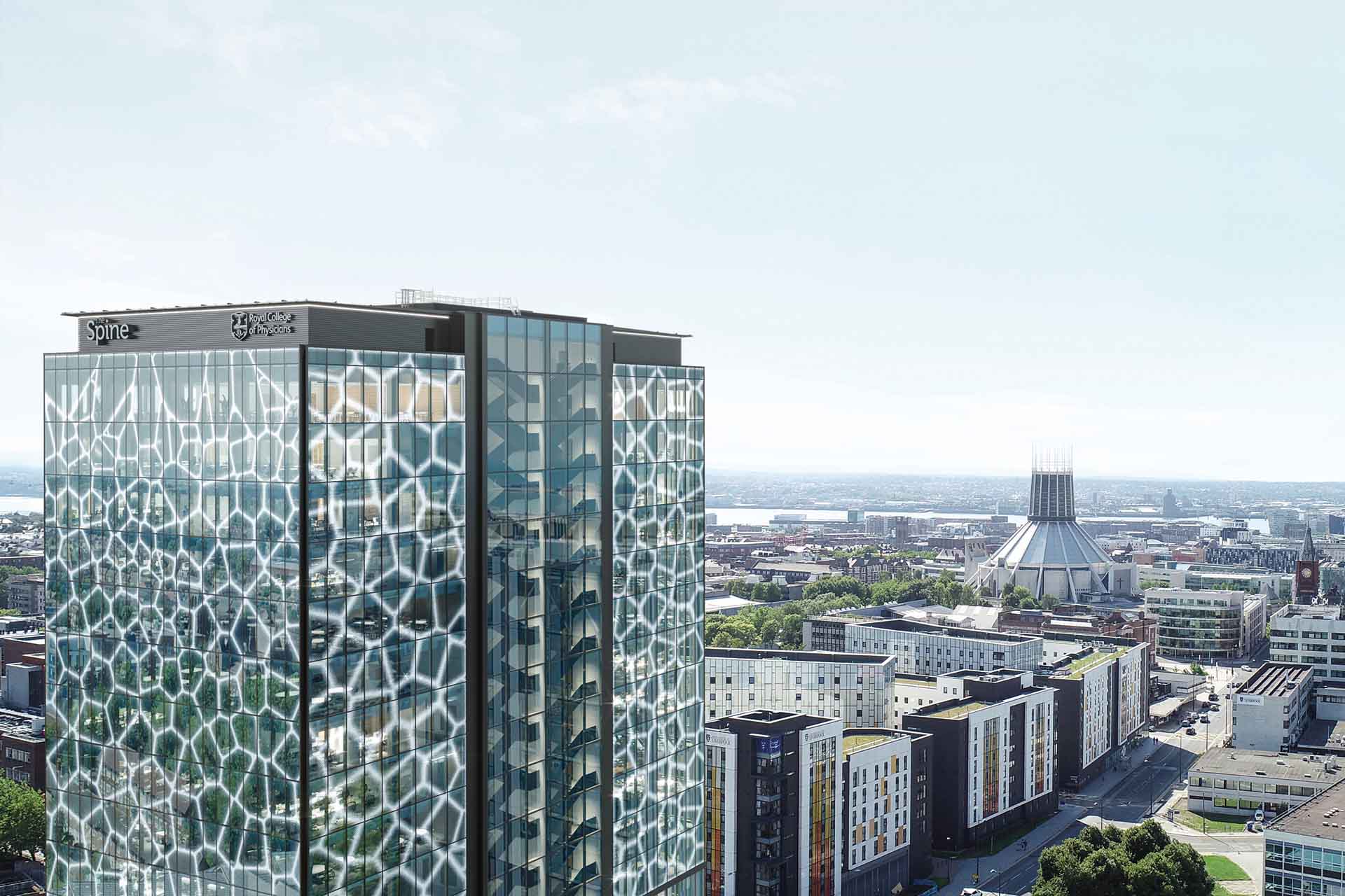 Spine Building with the city of Liverpool behind it