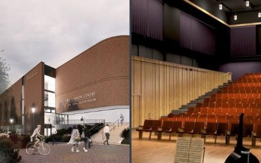 Architect's impression of the facade of the Yoko Ono Lennon Centre and interior of The Tung Auditorium