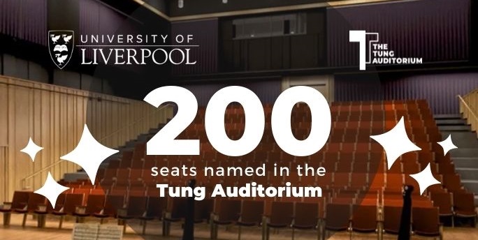 Architect's impression of The Tung Auditorium with text reading: 200 seats named in the Tung Auditorium 
