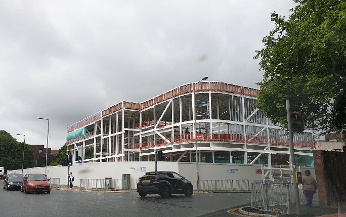 Building work continuing at the Yoko Ono Lennon Centre site with the full building frame up in July 2020