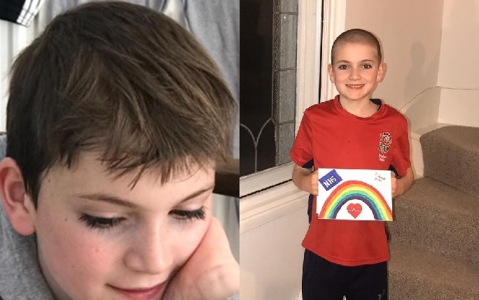 James with long hair before, and with his hair shaved after the fundraising