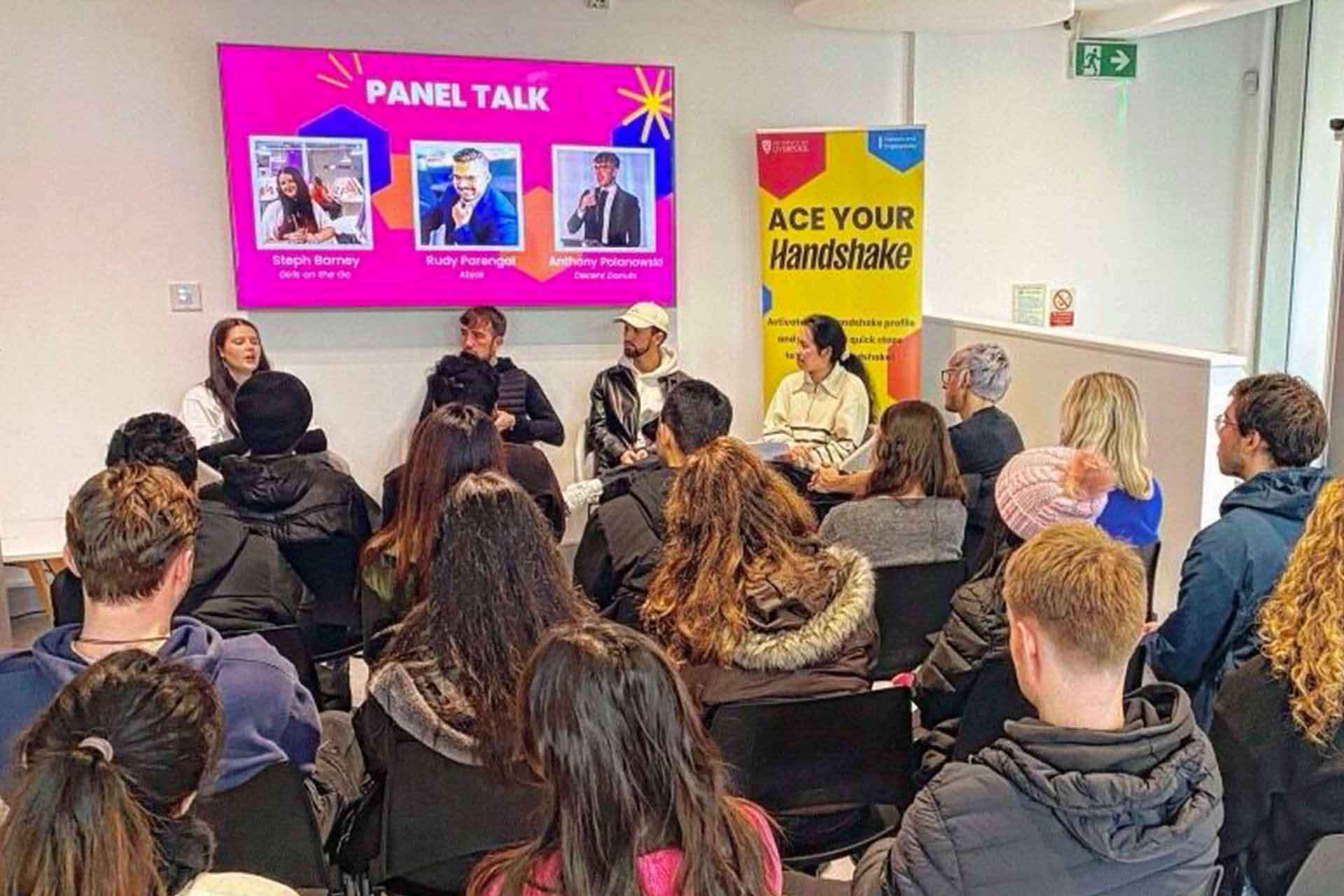 People gathered for a panel talk