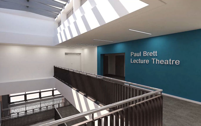 Image of outside a lecture theatre named after donor, Dr Paul Brett
