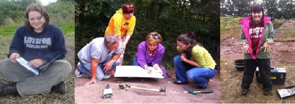 From left: Stephanie keeping up with recording; Dr Mhairi Maxwell teaching Diana Nikolova and peers how to draw a section; Liz gets her hands dirty! All images  © Richard Mason and Rachel Pope.       