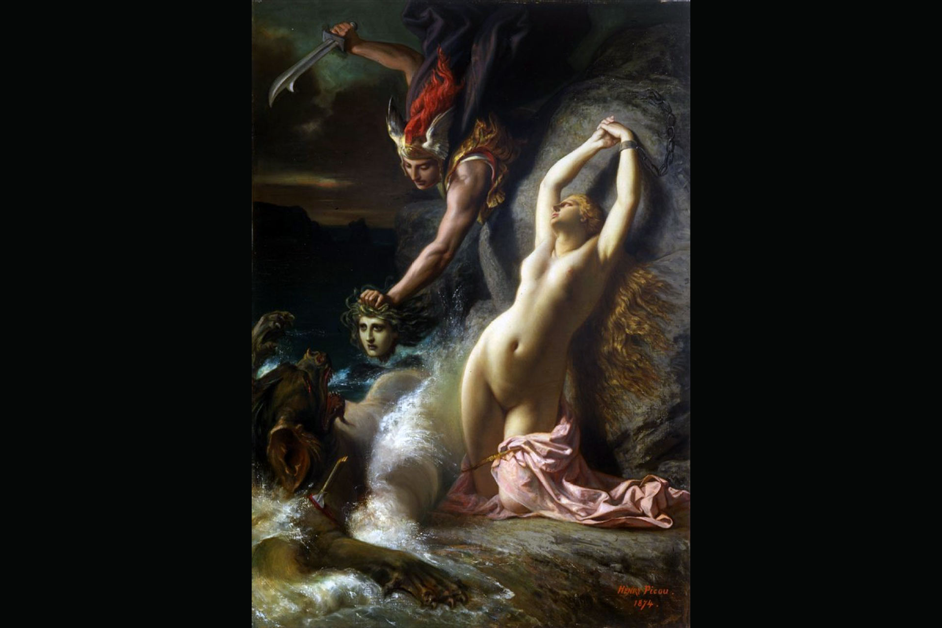 Painting: Andromeda chained to a rock, awaiting sacrifice to a sea monster. She is a young woman with long hair, a red robe, and raised arms
