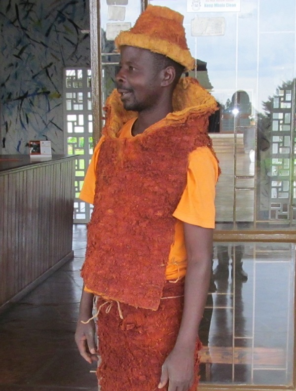 Zambian man modelling bark clothing