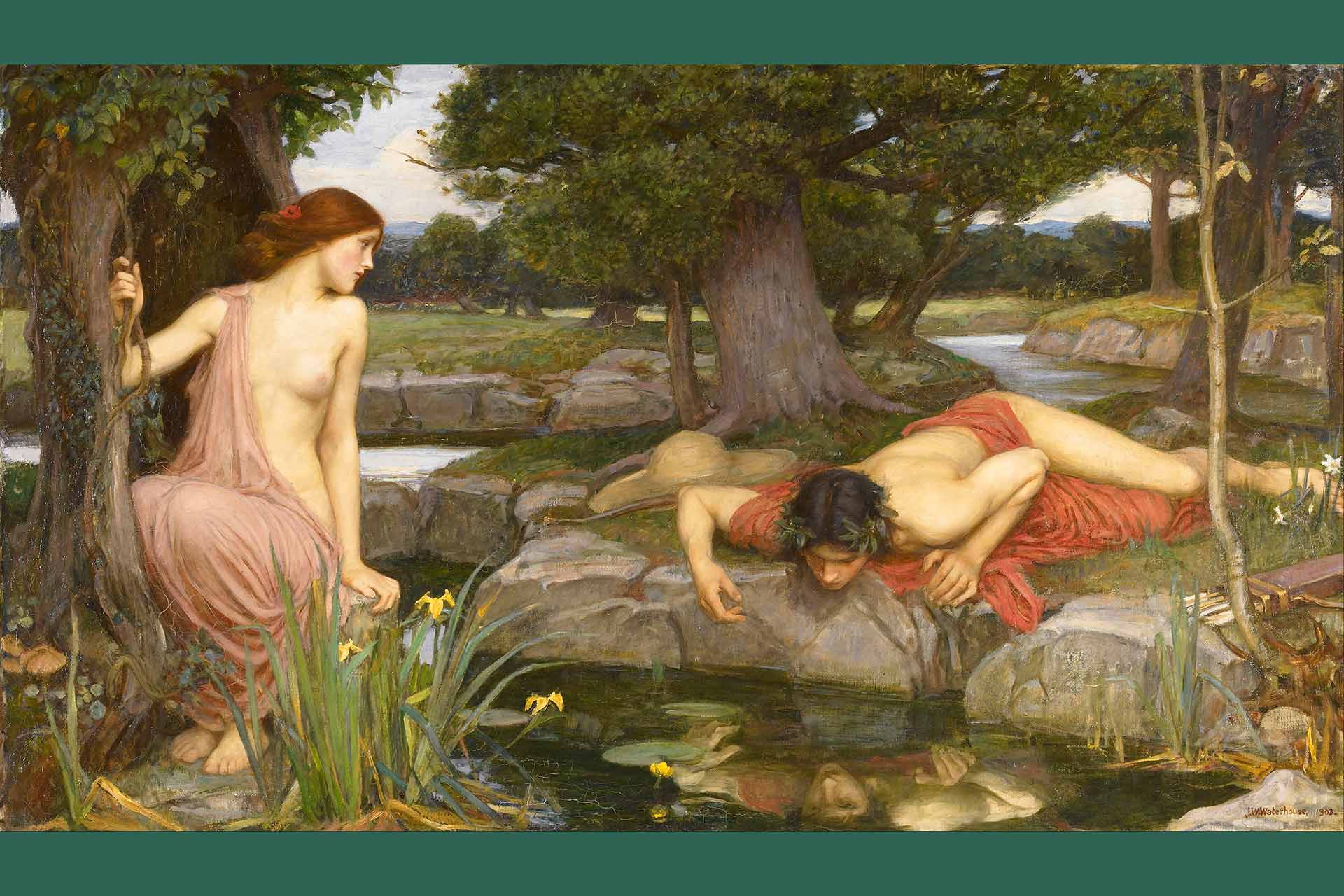 Echo and Narcissus painting: a man gazing at his reflection, a nymph looking on.