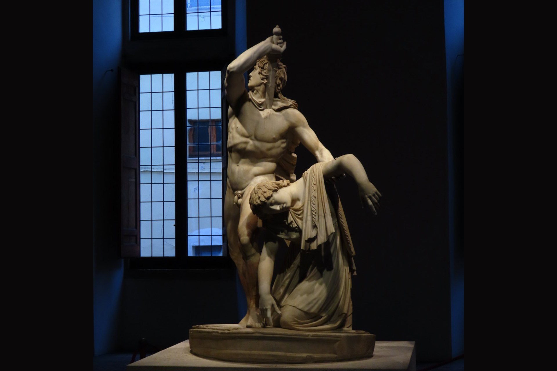 A marble Roman copy of a lost Greek bronze statue depicting a Gallic warrior killing himself with a sword while supporting the body of his wife.