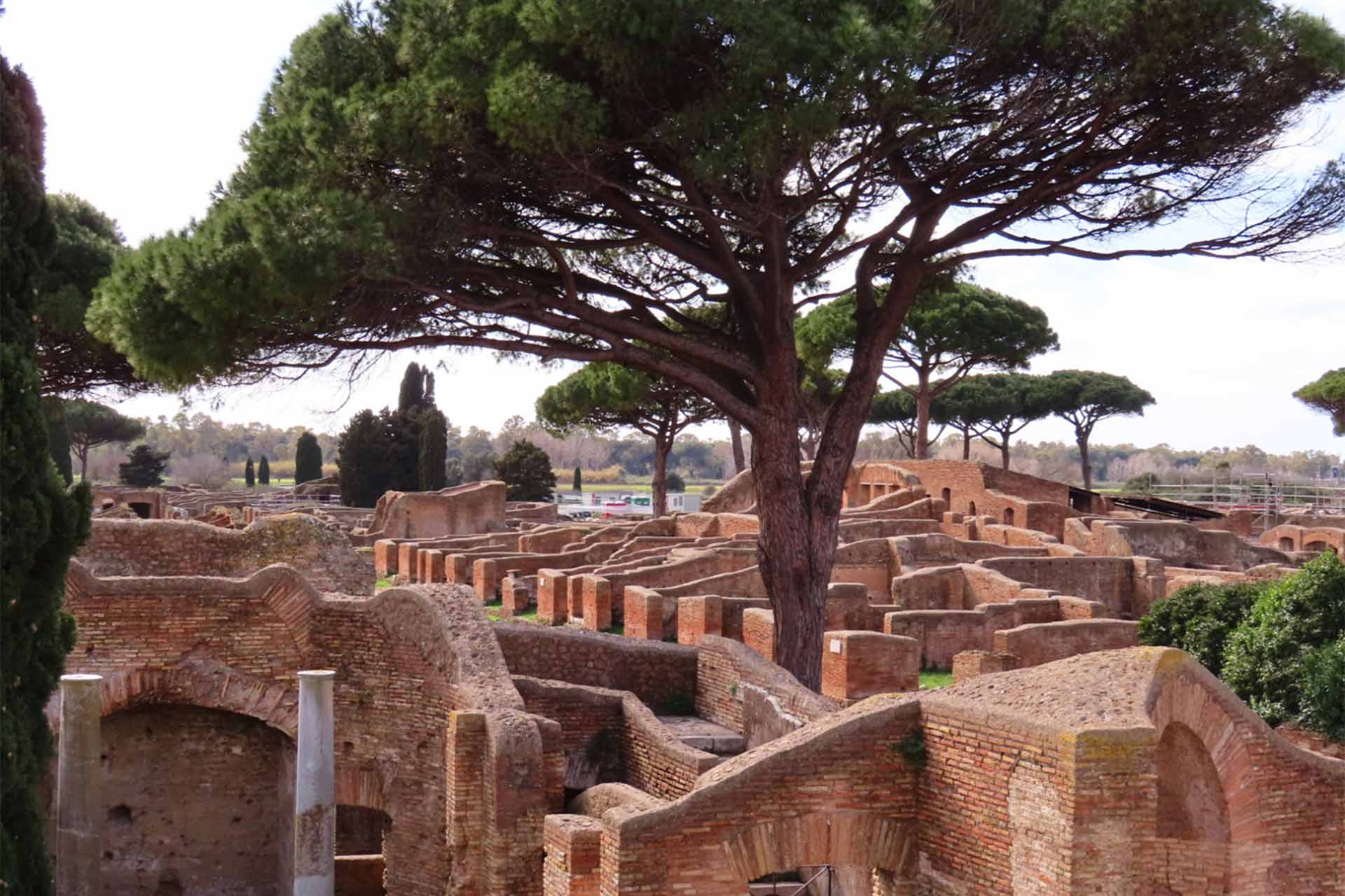 A park with trees lots of reddish coloured stone walls