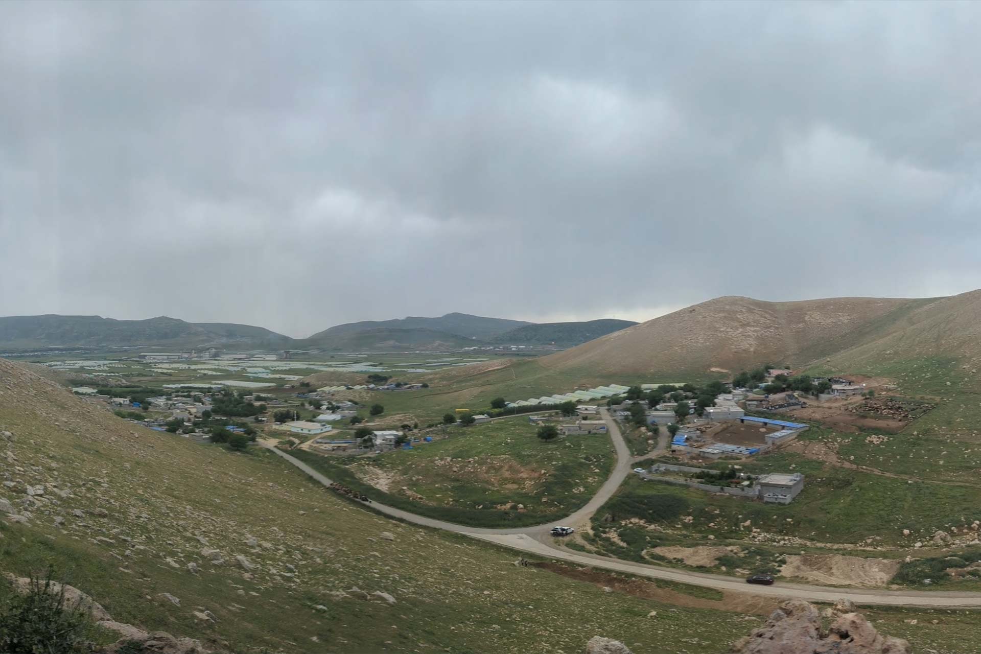 Top down view looking down at an archaeological site in the hills