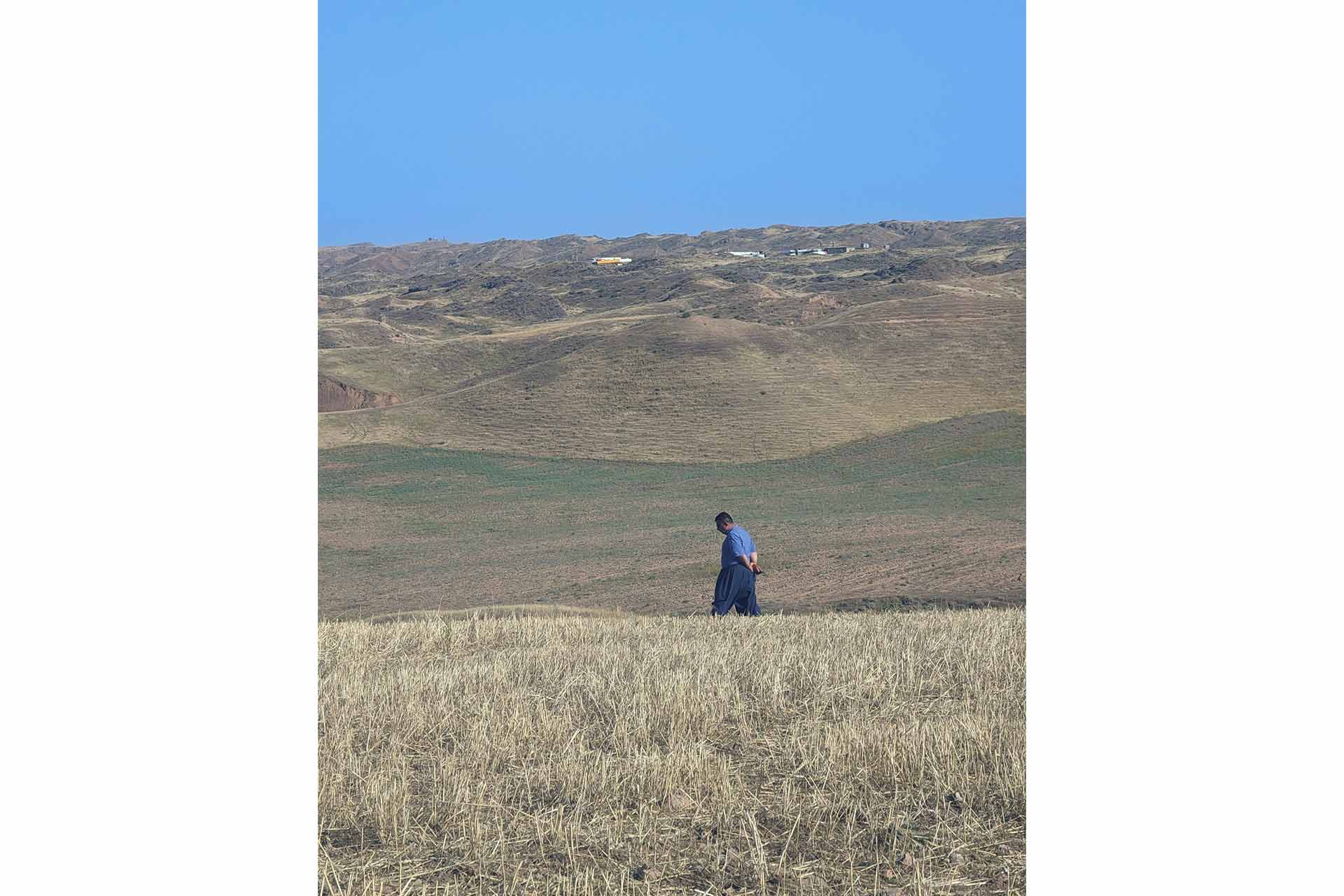 A man walking through grassy hilled area
