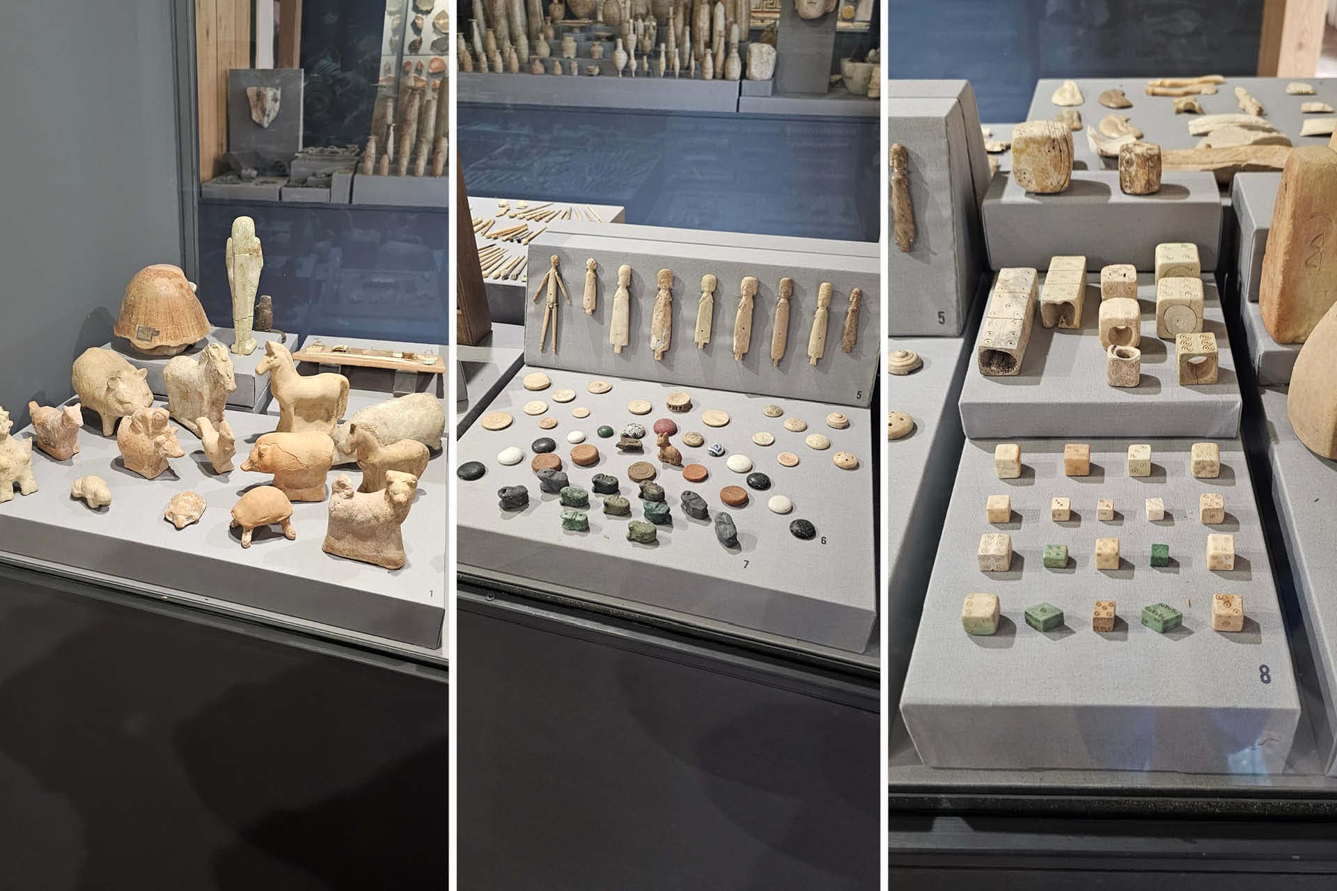 Collection of small marble items and figurines of animals displayed on tables