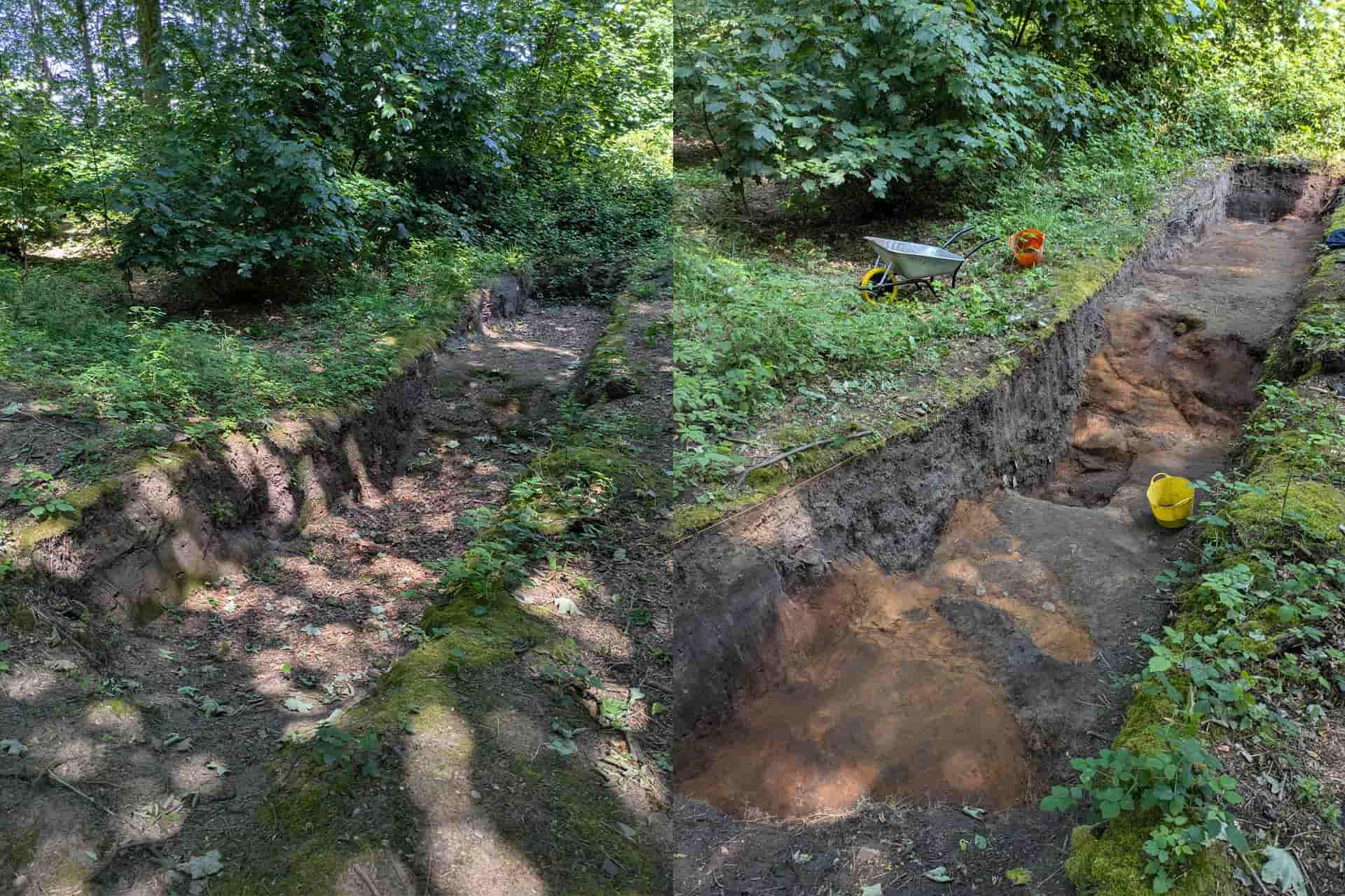 The before and after of cleaning a fresh trench. On the left side is a trench with grassu bits and debris, on the right side is a cleaned trench with buckets and a wheelbarrow by it.