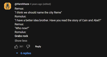 A YouTube comment on Remus and Romulus