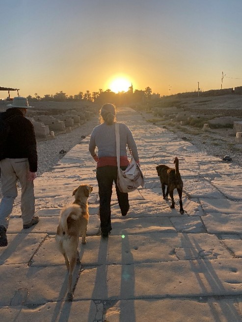 Joel Sams and Dr. Violaine Chauvet being escorted by the temple dogs.