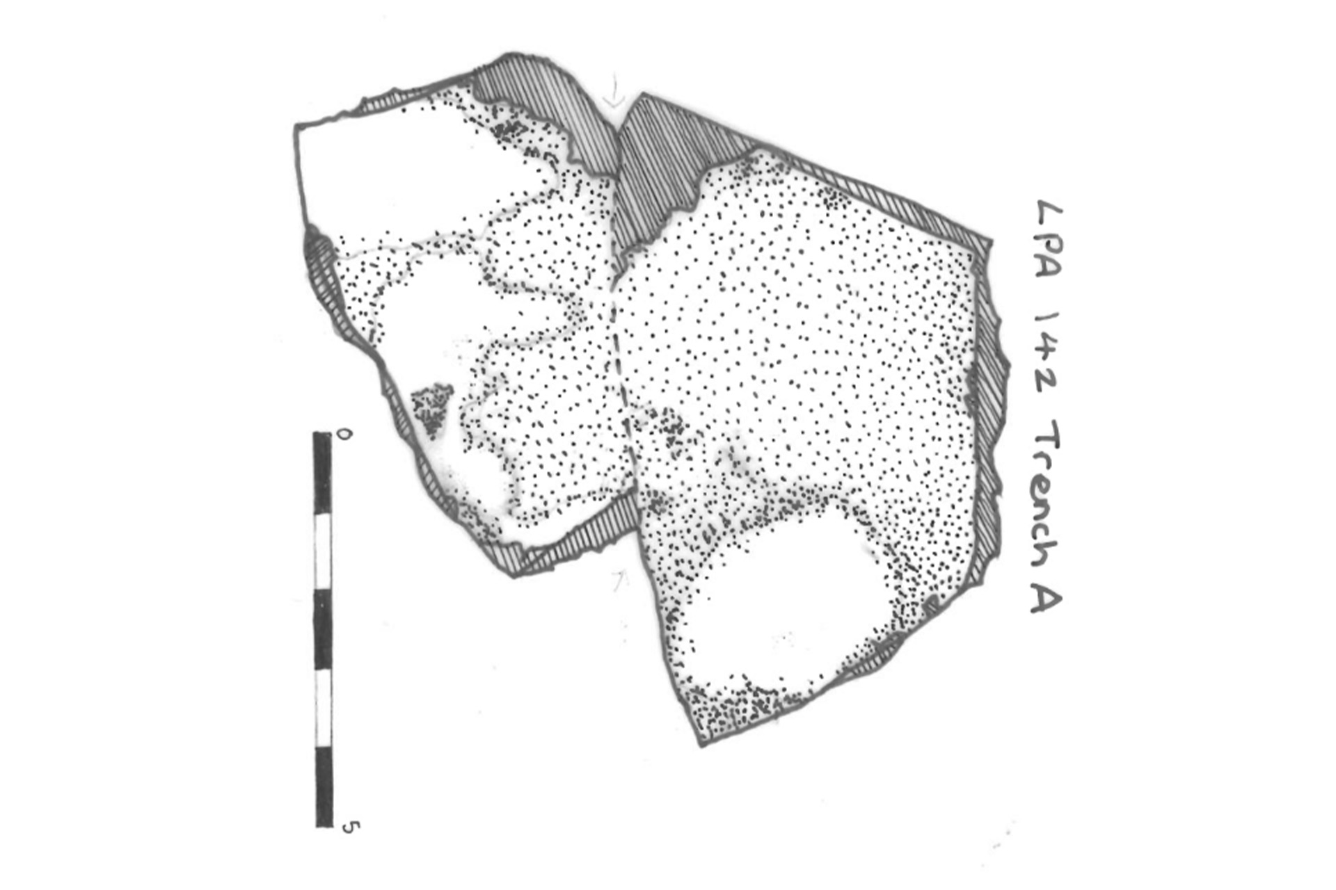 A black‑and‑white archaeological drawing labelled “LPA 142 Trench A,” showing two adjoining stone fragments shaded along the edges and dotted across their surfaces. A vertical scale bar from 0 to 5 sits to the left.