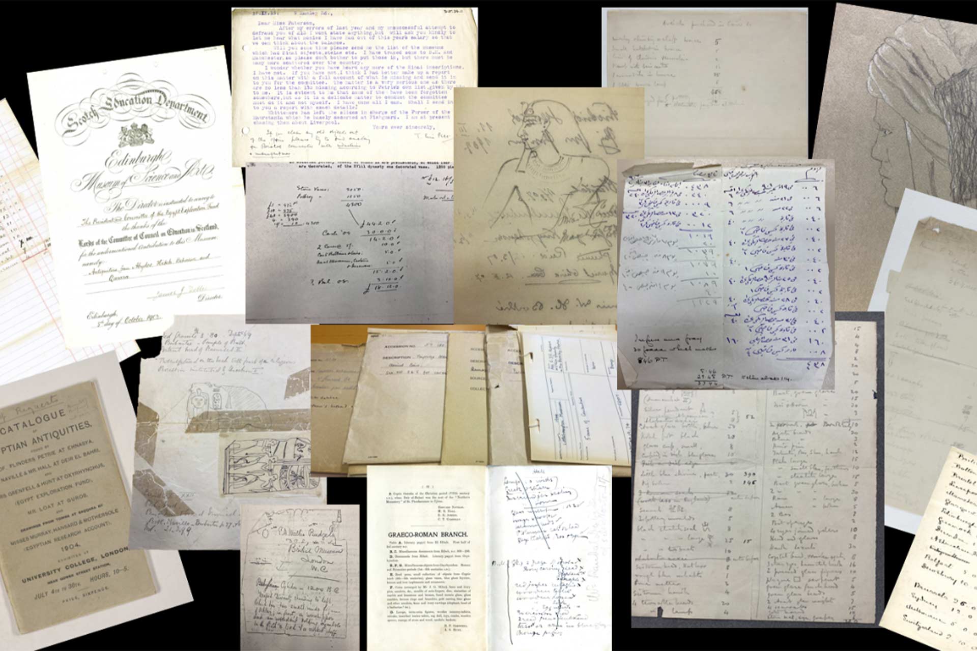 A collection of handwritten notes including and drawings and records and catalogues of ancient artifacts.
