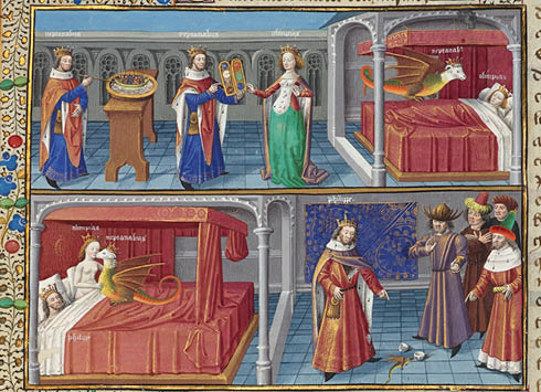 Medieval manuscript vignette depicting the conception of Alexander the Great from the Alexander Romance. Two registers: Nectanebo with a magic bowl and boat, astrological tablet, queen Olympias in bed with Nectanebo as a dragon above. Lower register: King Philip and queen Olympias in bed, a small dragon, and nobles.
