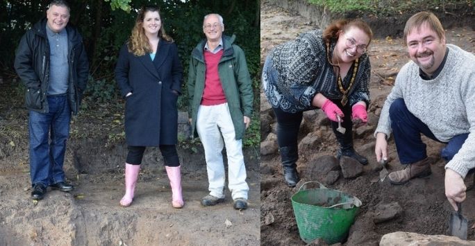 Alison McGovern MP Shadow Minister for Culture, Mike Amesbury MP, and Harold Mytum at the Norton Priory excavations; Mayor and Lady Mayor of Halton on the excavations