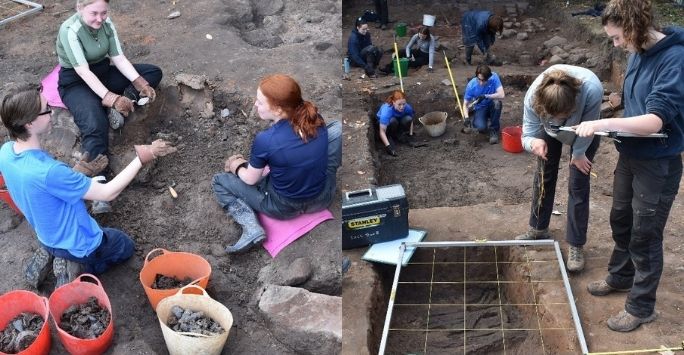 Students digging in an excavation site.