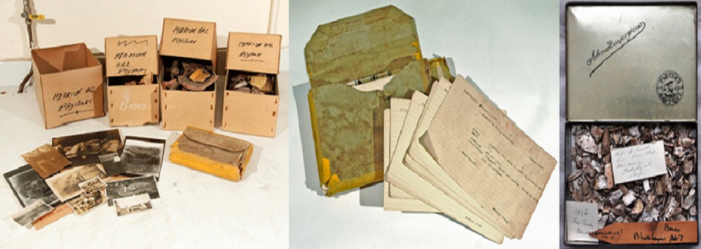  From left: part of the Varley Archive, in original boxes; Varley’s recording cards for Eddisbury; faunal remains packed in a tobacco tin. All images  © Richard Mason and Rachel Pope.        