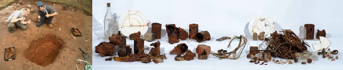 From left: Harvey Furniss and Nicky Neilsen approve of their WWII pit; finds from the WWII pit. All images © Richard Mason and Rachel Pope.