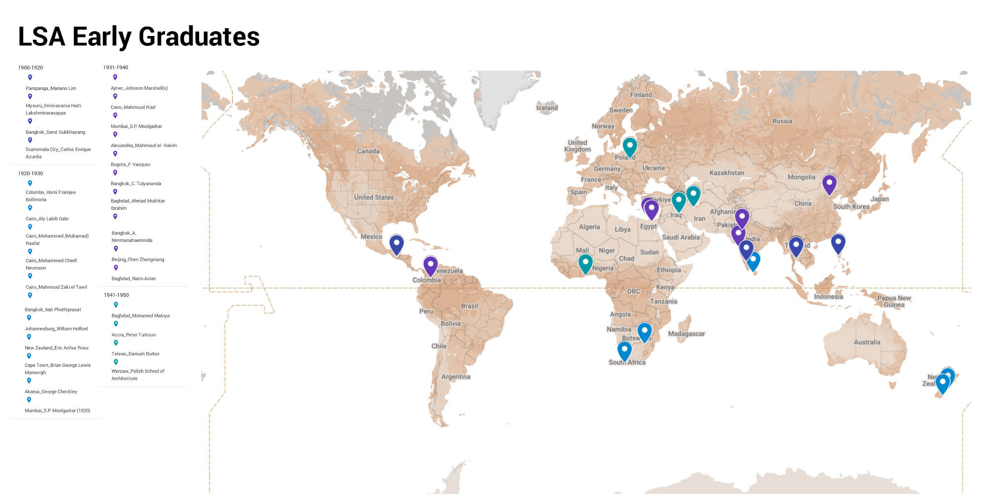 World map with locations of early graduates