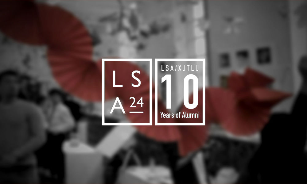 LSA24 logo and Box with text XJTLU 10 Years of Alumni over a blurred background of celebrating students flying a dragon kite.