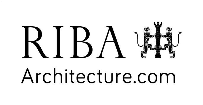 Logo of the Royal Institution of British Architects. The letters R, I, B & A with two stylised lions rampant either side of a classical column.