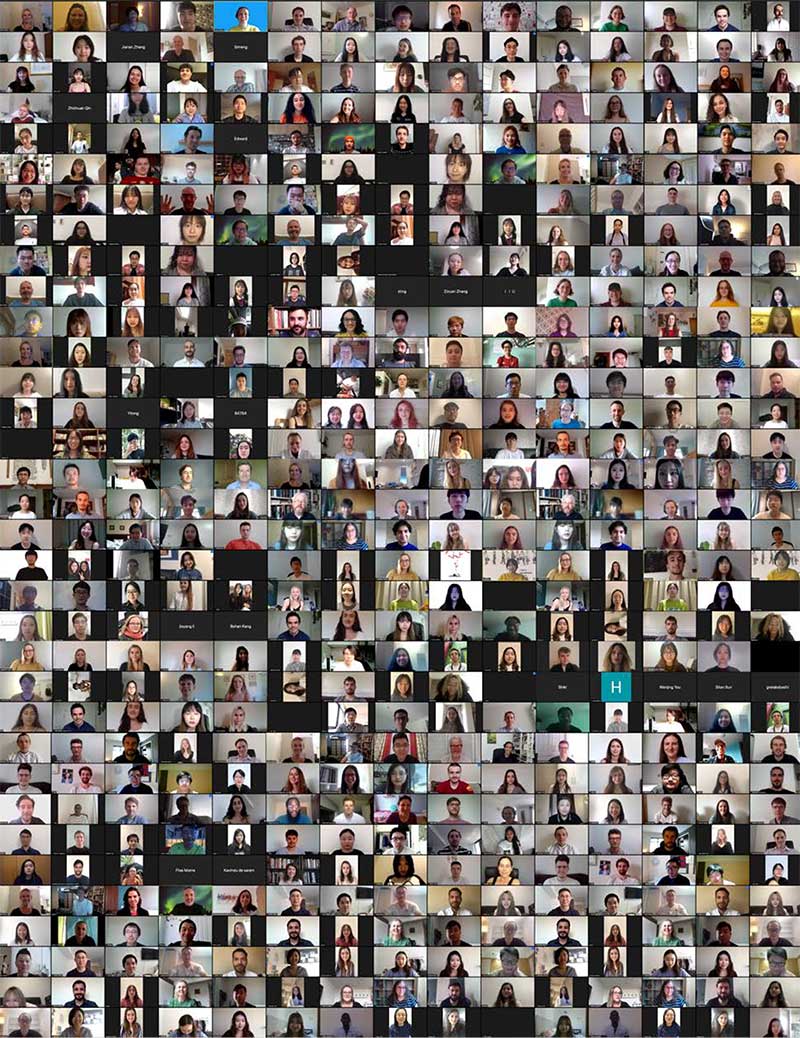 Thumbnails of 500 people on a zoom call